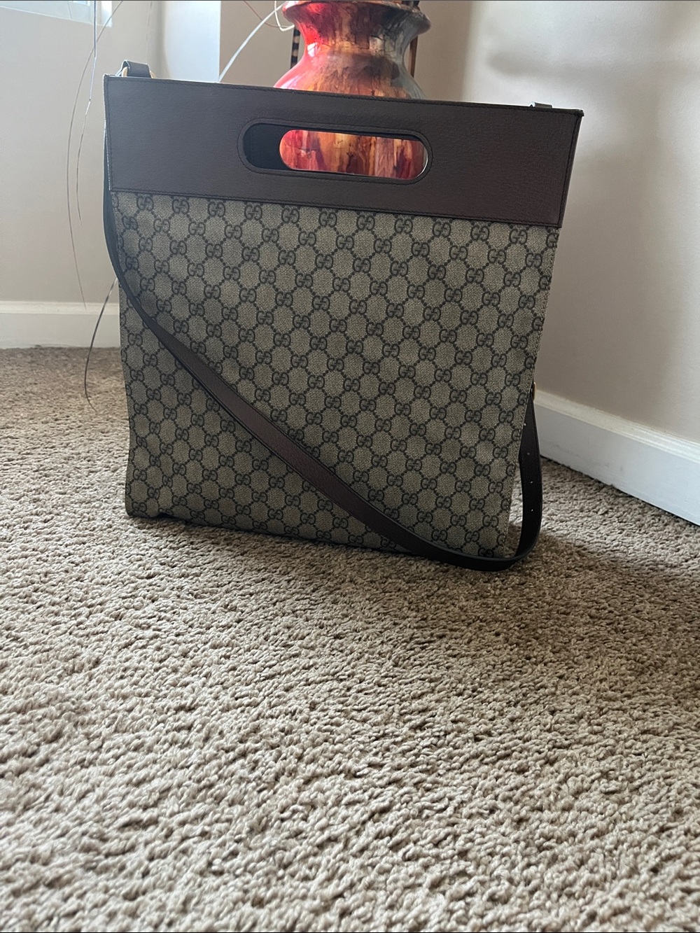 Gucci Beige GG Canvas Crossbody Tote with Brown Leather Trim - Picture 3 of 6